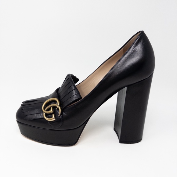 Gucci Marmont Fringe Double G GG Kilti Malaga Kid Black Platform Loafer 40 EU 10 - Picture 1 of 9